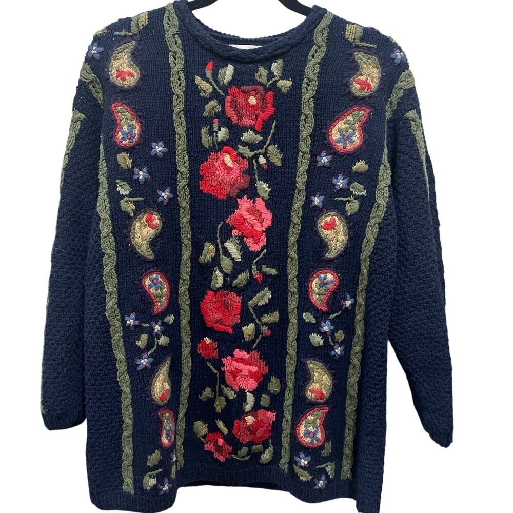 Talbots Vintage May Blue Sweater With Floral Design-Womens Size L- Grannycore
